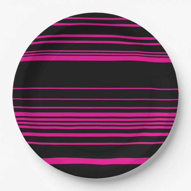 Plato De Papel Rayas complejas - Magenta y negro (Anverso)