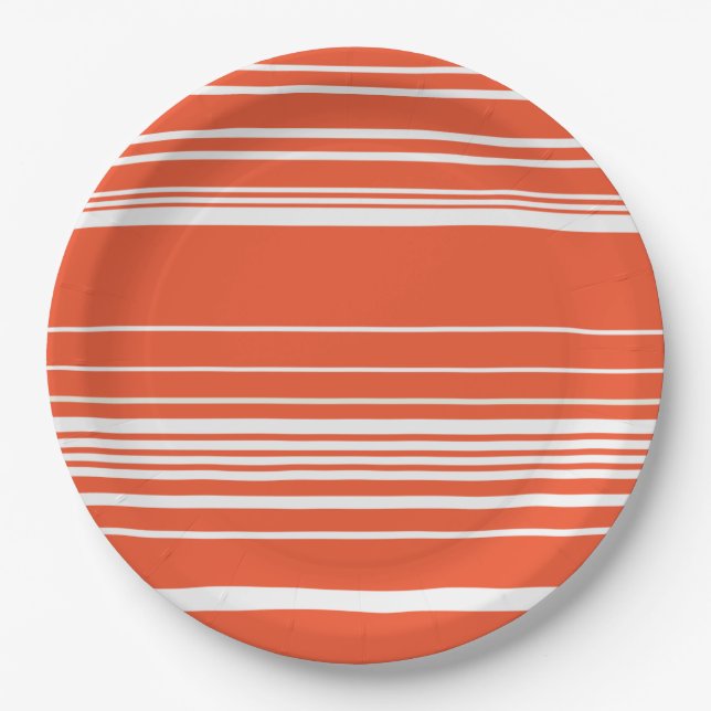 Plato De Papel Rayas complejas - Naranja y blanco (Anverso)