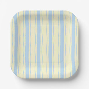 Plato De Papel Rayas costeras onduladas amarillas y azules claras