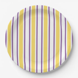 Plato De Papel Rayas de caramelo amarillas, violetas y blancas