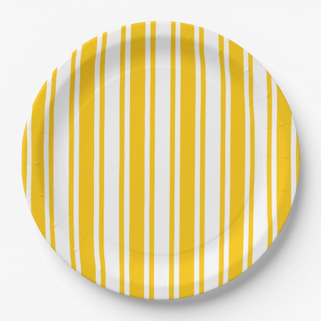 Plato De Papel Rayas de caramelo amarillo y blanco (Anverso)