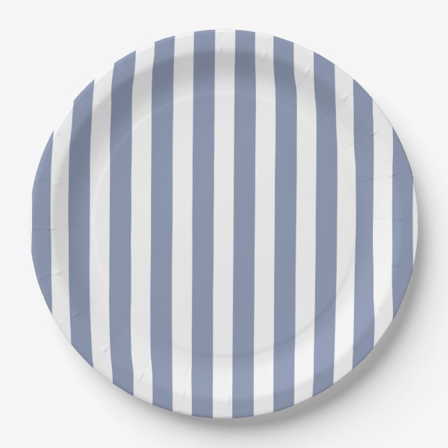 Plato De Papel Rayas de caramelo azul gris y blanco (Anverso)