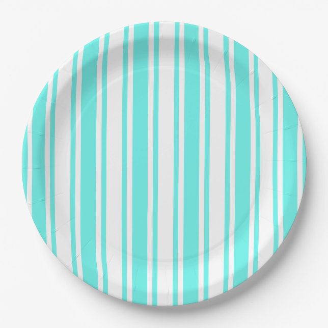 Plato De Papel Rayas de caramelo blanco y turquesa (Anverso)