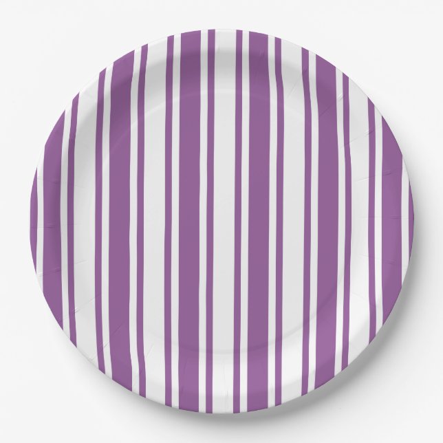 Plato De Papel Rayas de caramelo morado y blanco (Anverso)