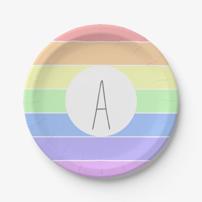 Plato De Papel Rayas de color arcoiris monogramadas (Anverso)