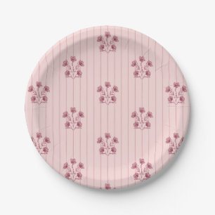 Plato De Papel Rayas de flor rosa y borgoñona vintage