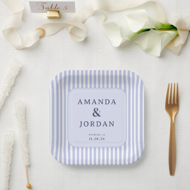 Plato De Papel Rayas de lavanda elegantes (Boda)