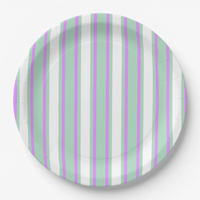 Plato De Papel Rayas de lila y de menta (Anverso)