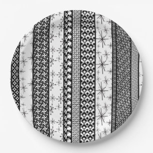 Plato De Papel Rayas de patrón retro en blanco y negro 1