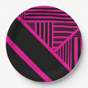 Plato De Papel Rayas de triángulo en magenta y negro