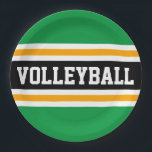 Plato De Papel RAYAS DE VOLLEYBALL Divertidas Verde Brillante Neg<br><div class="desc">Este diseño deportivo presenta un texto VOLLEYBALL en negrita dentro de una amplia franja central horizontal de carreras negra resaltada con franjas flotantes de carreras blancas y naranjas amarillas doradas contra franjas exteriores verdes brillantes.  El texto se puede personalizar.</div>
