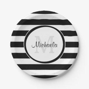 Plato De Papel Rayas del caramelo y monograma negros elegantes
