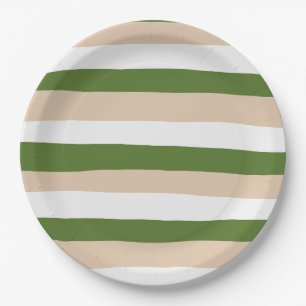 Plato De Papel Rayas desiguales - Blanco, arena y verde pálido