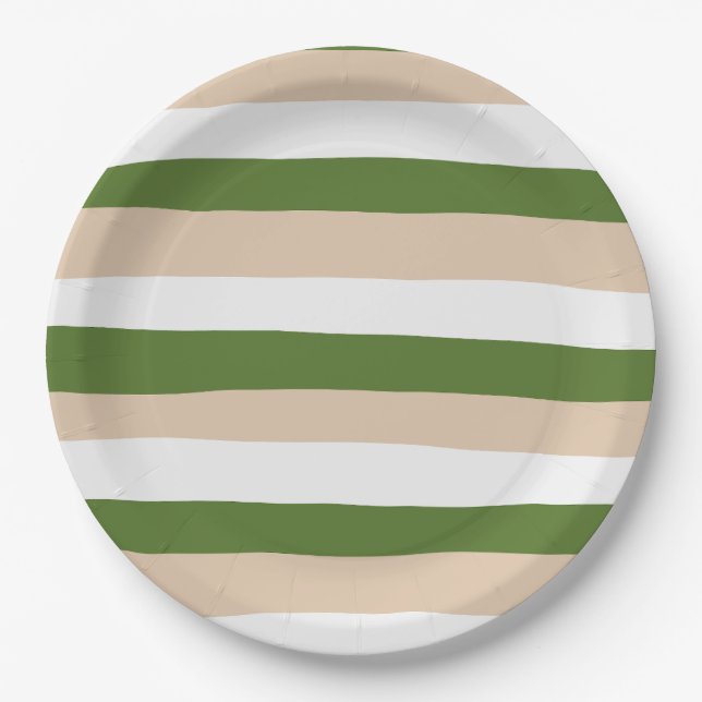 Plato De Papel Rayas desiguales - Blanco, arena y verde pálido (Anverso)