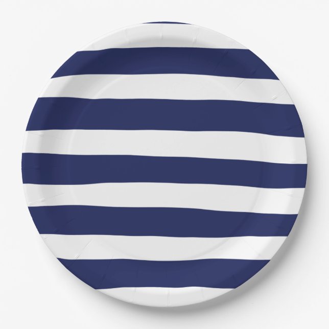 Plato De Papel Rayas desiguales en azul y blanco (Anverso)