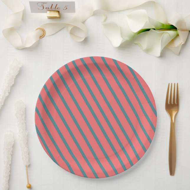 Plato De Papel Rayas diagonales corales (Boda)