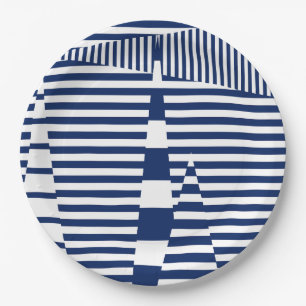 Plato De Papel Rayas en franjas en azul y blanco