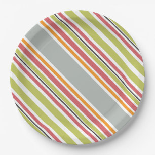 Plato De Papel Rayas gris verde naranja rosa