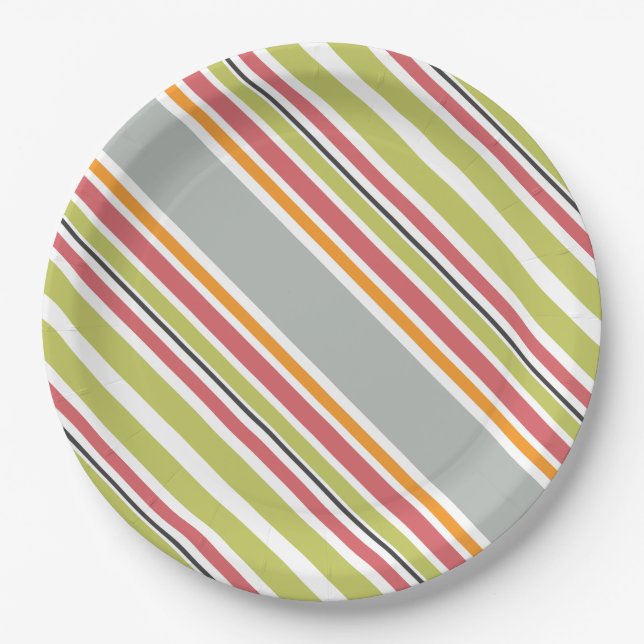 Plato De Papel Rayas gris verde naranja rosa (Anverso)