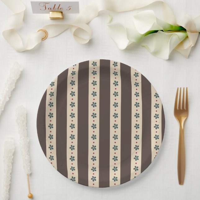 Plato De Papel Rayas Marrones Y Flores (Boda)