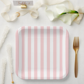 Plato De Papel Rayas minimalistas rosa pálido y blanco