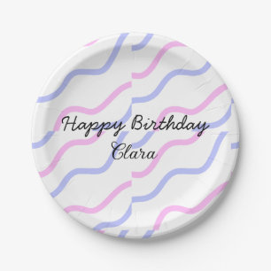 Plato De Papel Rayas moradas rosadas feliz cumpleaños añadir nomb