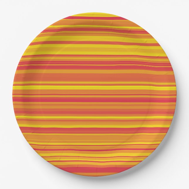 Plato De Papel Rayas Naranjas Rojas Amarillas (Anverso)