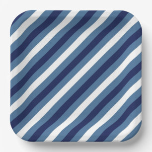 Plato De Papel Rayas Náuticas Azul Marino Azul Ahumado Blanco Cru