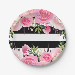 Plato De Papel Rayas Negras Blancas Flores Rosadas Lluvia de Novi