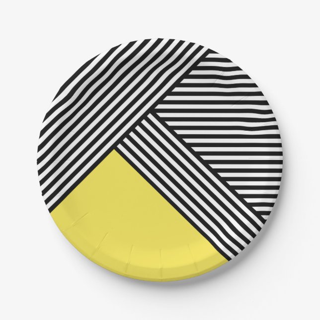 Plato De Papel Rayas negras y blancas con triángulo amarillo (Anverso)