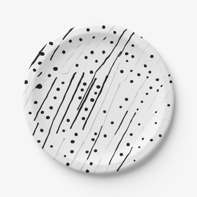 Plato De Papel Rayas o puntos de polka negro, blanco, gris (Anverso)