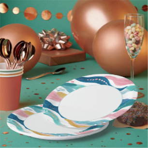 Plato De Papel Rayas onduladas de color azul menta verde rosa Cum