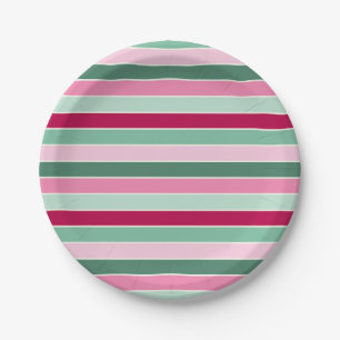 Plato De Papel Rayas pequeñas blandas de color rosa y verde