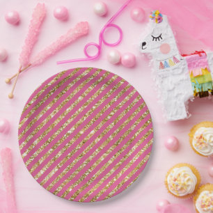 Plato De Papel Rayas Purpurinas de oro rosado Girly