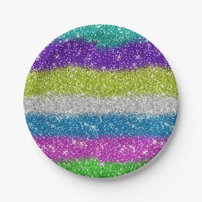 Plato De Papel Rayas purpurinas del arco iris (Anverso)