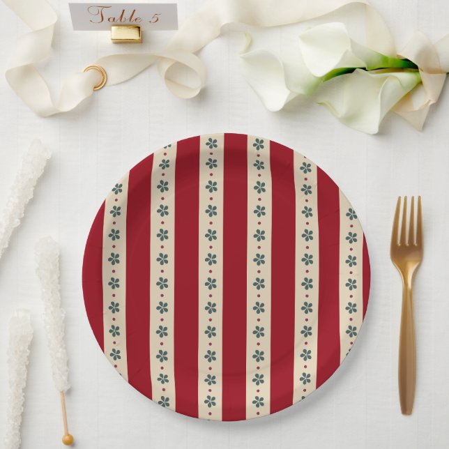 Plato De Papel Rayas Rojas Y Flores (Boda)