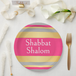 Plato De Papel Rayas rosa caliente gris dorado, Shabbat Shalom Gl