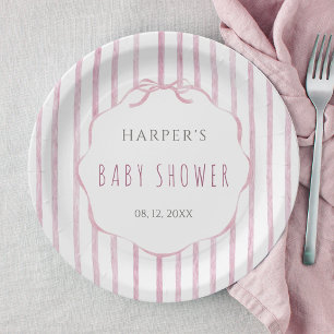 Plato De Papel Rayas rosadas con marco festoneado para baby showe