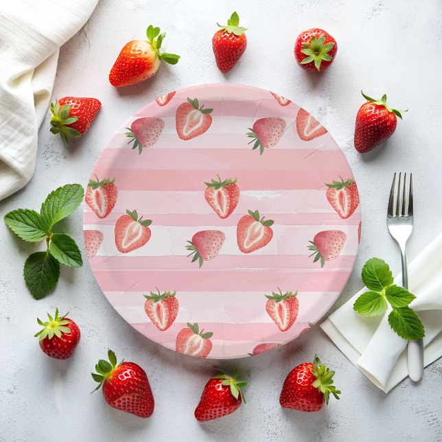 Plato De Papel Rayas rosadas de fresa acuarela (Subido por el creador)