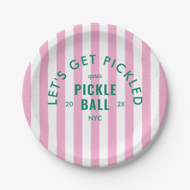Plato De Papel Rayas Rosadas Let's Get Pickled Après Pickleball  (Anverso)