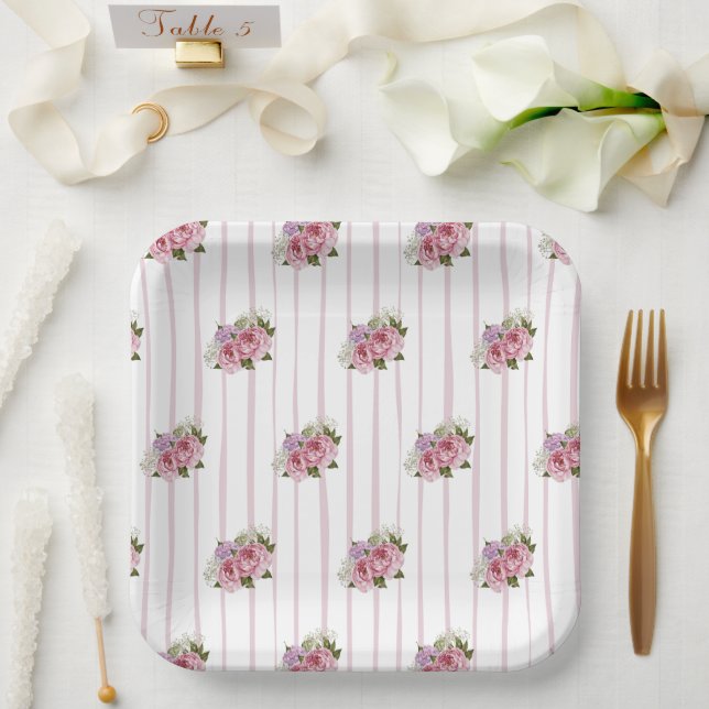 Plato De Papel Rayas rosadas peonía hidrangea aliento floral de b (Boda)