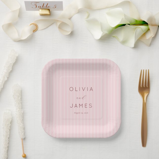 Plato De Papel Rayas Rosadas Románticas (Boda)