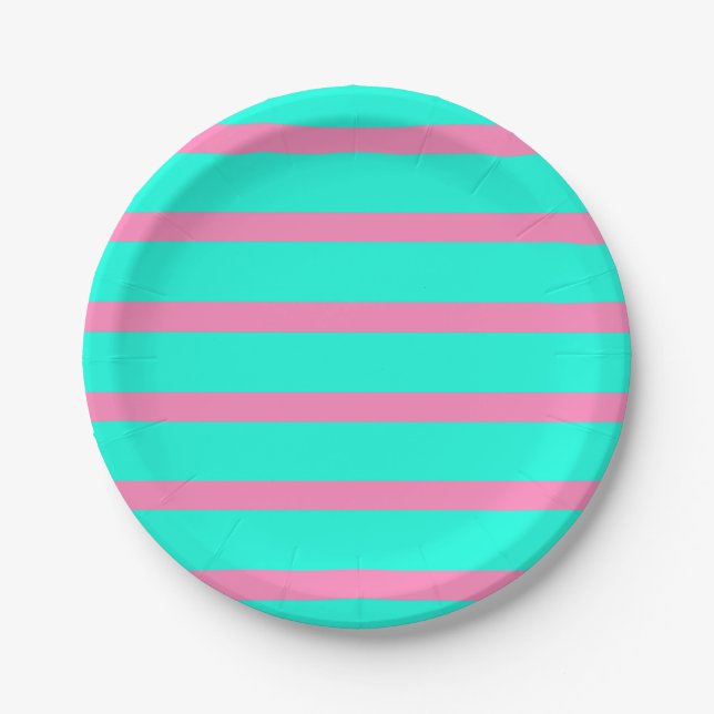 Plato De Papel Rayas rosadas turquesa pastel (Anverso)