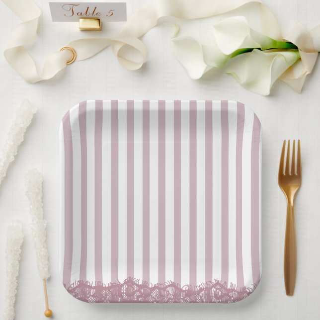 Plato De Papel Rayas rosadas y encaje para ducha de novia (Boda)