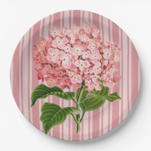 Plato De Papel Rayas rosadas y hortensias