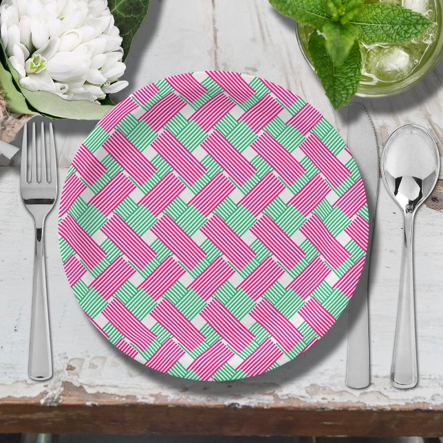 Plato De Papel Rayas rosadas y verdes calientes (Hot pink and green diagonal stripes paper plates)