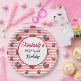 Plato De Papel Rayas rosas cortas personalizadas con cerezas