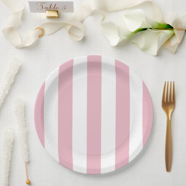 Plato De Papel Rayas rosas, franjas blancas, patrón rayado (Boda)
