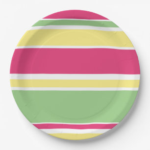 Plato De Papel Rayas rosas, verdes y amarillas