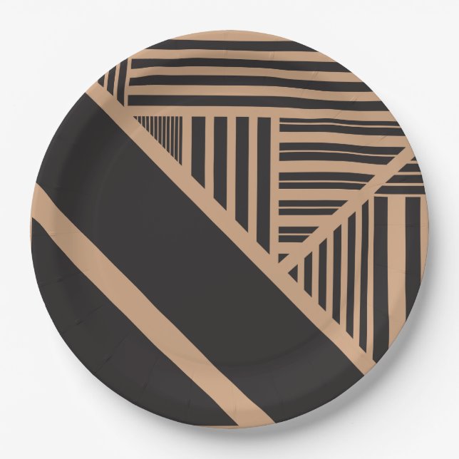 Plato De Papel Rayas triangulares en Tan y Negro (Anverso)